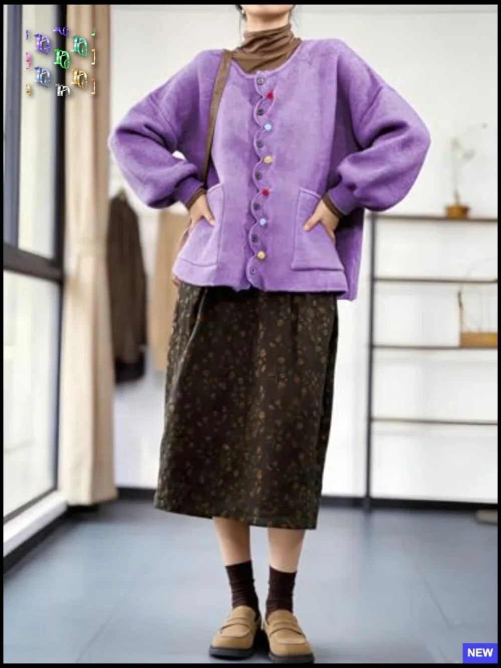 Loose Knit Cardigan Oversized Puff Sleeve Button Sweater Top with Pockets - Picture 4 of 6